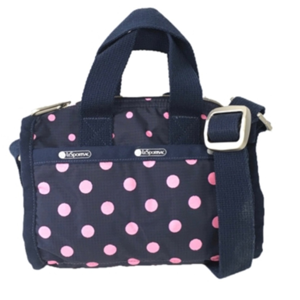 LeSportsac Mini Weekender Crossbody Bag Navy with Pink Polka Dots